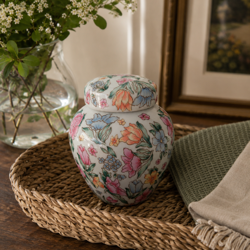 Vista frontal de un potiche miniatura de porcelana blanca con tapa, decorado con ramilletes de flores, tulipanes y pensamientos en tonos pastel rosa, naranjo y azul.
