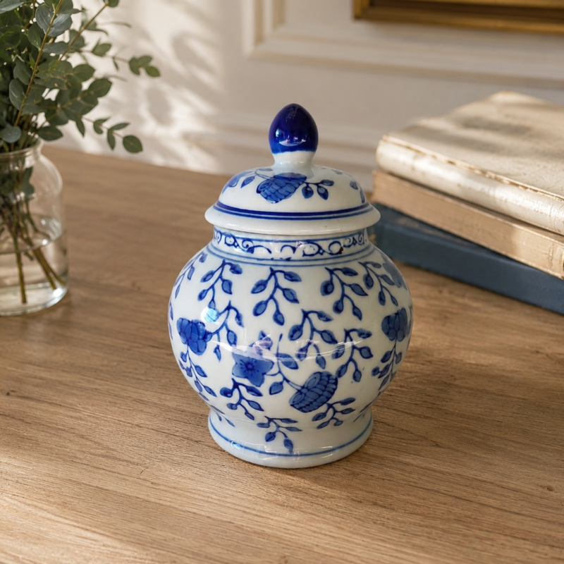 Vista frontal de un potiche miniatura de porcelana blanca bulbosa con tapa, decorado con patrones de flores y hojas en azul cobalto de estilo oriental.