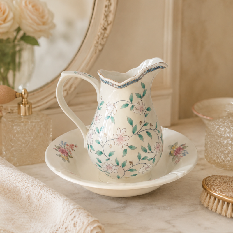 Set de jofaina decorativa vintage compuesto por una jarra de porcelana fina blanca con flores rosadas montada sobre un plato hondo crema de loza inglesa de Staffordshire.