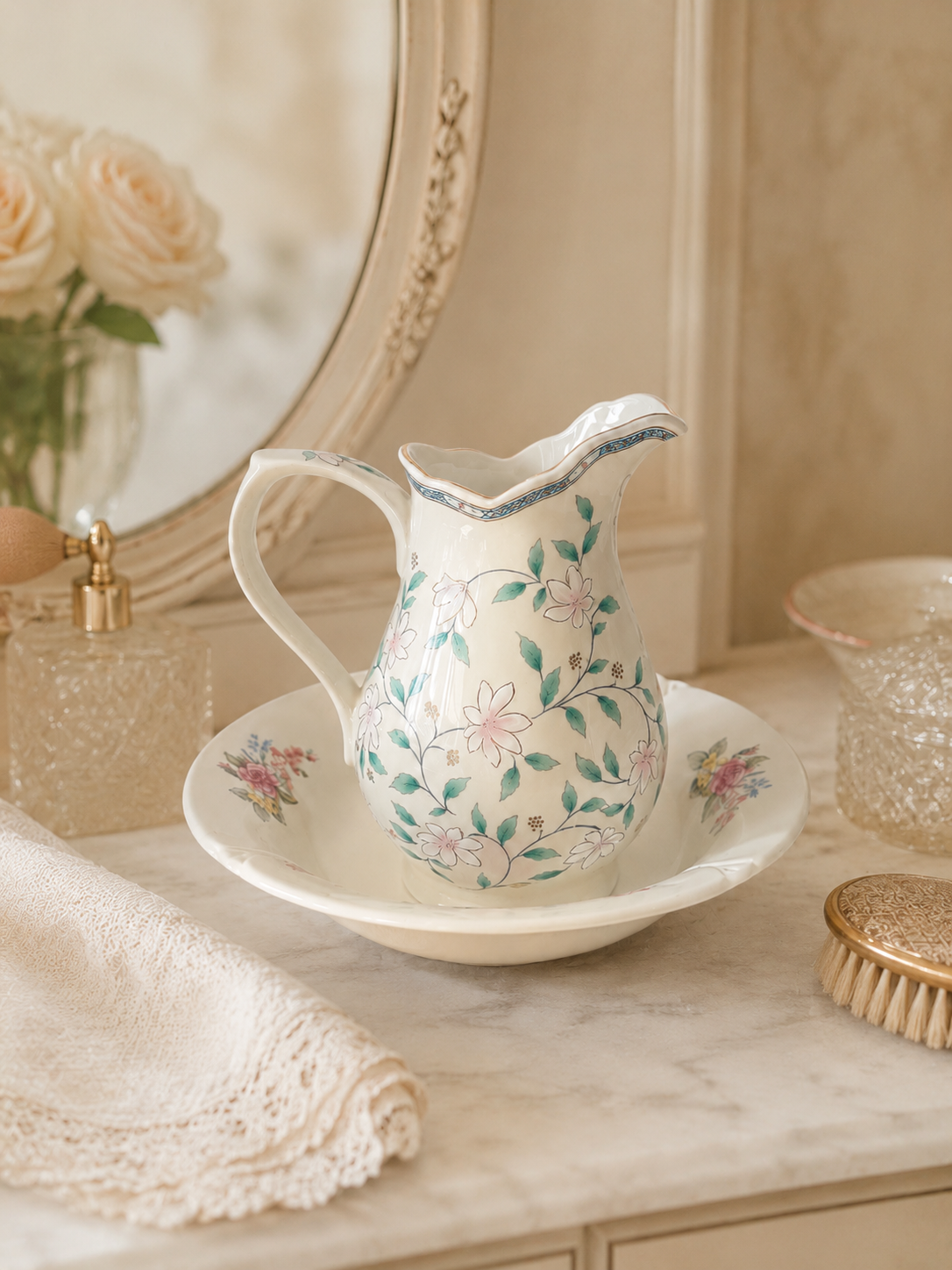 Set de jofaina decorativa vintage compuesto por una jarra de porcelana fina blanca con flores rosadas montada sobre un plato hondo crema de loza inglesa de Staffordshire.