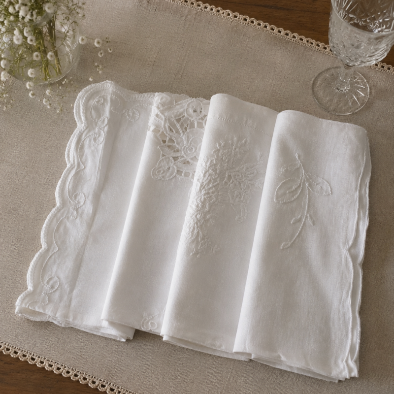 Vista cenital de cuatro servilletas blancas vintage de estilo europeo dispuestas de forma escalonada sobre un individual redondo de color verde con flecos, mostrando sus diferentes bordados artesanales calados, festonados y en relieve satinado.
