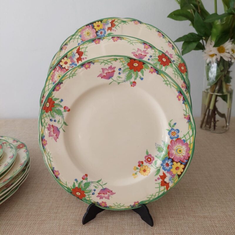 Set de platos vintage de loza inglesa Alfred Meakin Royal Marigold con enrejado verde y flores de colores.