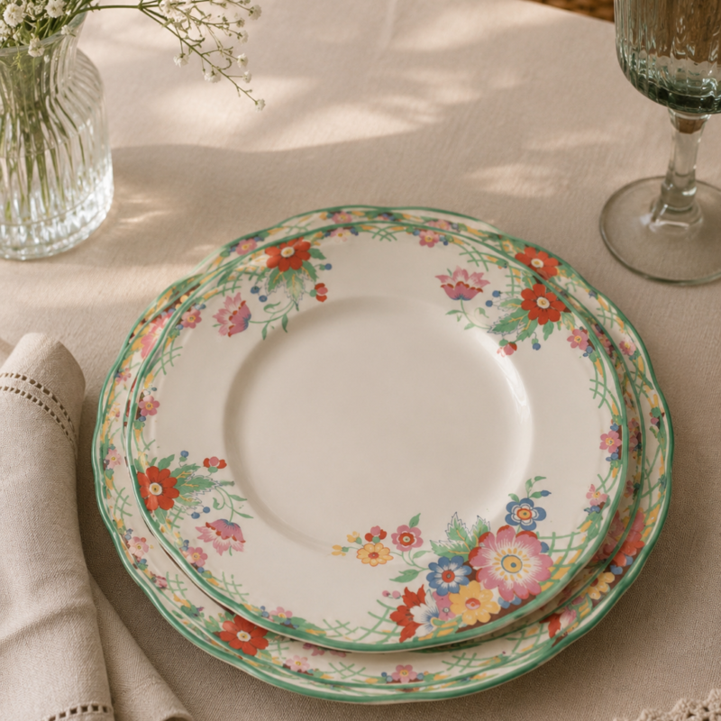 Encantador juego de vajilla inglesa de la mítica casa Alfred Meakin. Su aplaudida colección "Royal Marigold" luce una alegre guarda de enrejado verde complementada con vibrantes ramos de flores estivales, un juego ideal para dar una vistosa segunda vida a su mesa diaria.