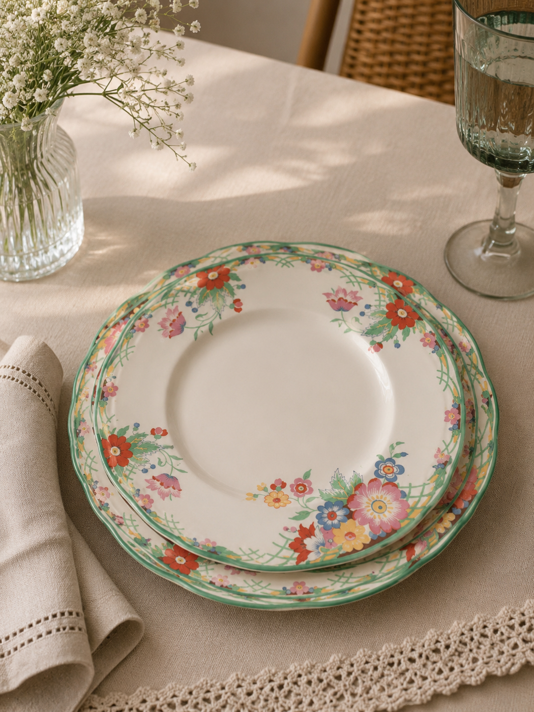 Encantador juego de vajilla inglesa de la mítica casa Alfred Meakin. Su aplaudida colección "Royal Marigold" luce una alegre guarda de enrejado verde complementada con vibrantes ramos de flores estivales, un juego ideal para dar una vistosa segunda vida a su mesa diaria.