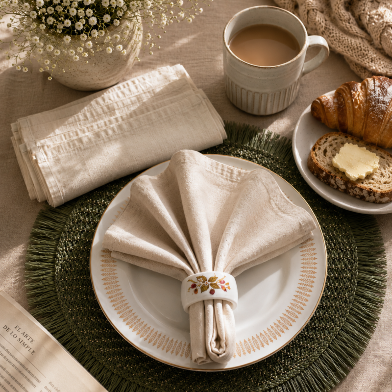 Vista cenital de un montaje de mesa campestre donde una servilleta color crudo nueva se luce doblada en abanico sujeta por un servilletero de porcelana con motivos botánicos, dispuesto sobre un plato blanco con filigrana dorada y un individual verde texturizado con flecos; arriba se aprecian las otras cinco servilletas apiladas y una copa de cristal tallado.