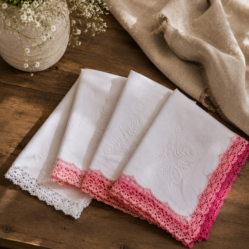 Vista cenital en ángulo de un set de seis servilletas blancas vintage de té dobladas simétricamente en diagonal y apiladas de forma escalonada, destacando una hermosa transición en degradé de sus bordes tejidos a crochet desde el fucsia intenso hasta un suave rosa coral, con exquisitos bordados botánicos blancos en relieve.