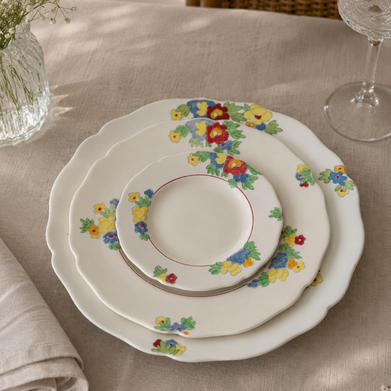 Exquisito juego de tres platos vintage de colección en loza fina de la histórica casa británica Royal Doulton. Su icónico diseño "Minden" despliega ramilletes florales llenos de luz y color sobre un ala festoneada, convirtiendo este trío escalonado en una pieza sumamente vistosa para vestir mesas o vitrinas con sello inglés.