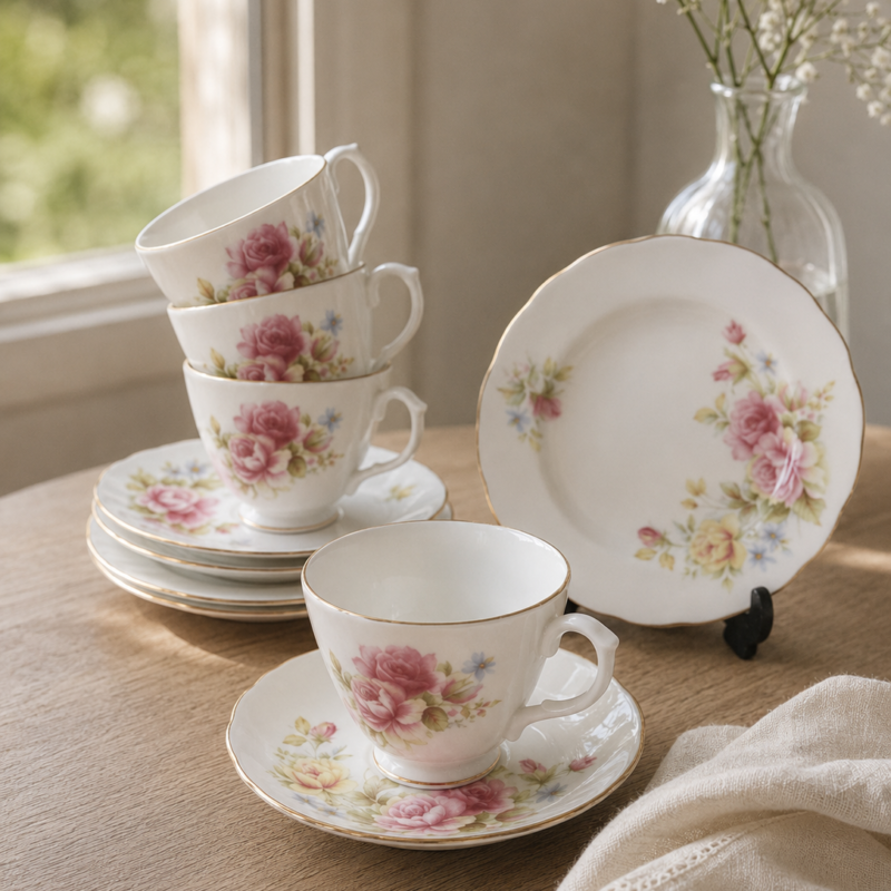 Tríos de té en fine bone china inglesa de la tradicional casa Duchess China, con delicado patrón floral clásico y terminaciones doradas, ideales para mesas románticas y coleccionistas de porcelana británica.