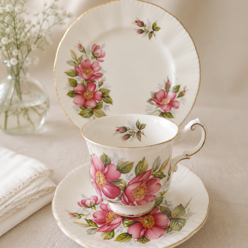 Trío de té en porcelana fina inglesa Paragon.