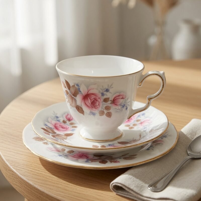 Trío de té de porcelana fina inglesa Queen Anne con diseño de rosas rosadas, flores azules y ribete dorado festoneado.