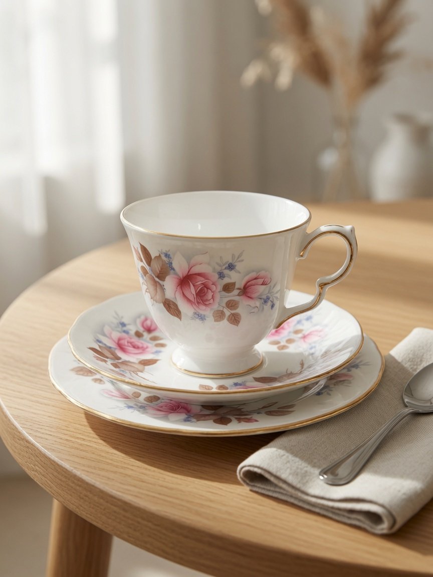 Trío de té de porcelana fina inglesa Queen Anne con diseño de rosas rosadas, flores azules y ribete dorado festoneado.