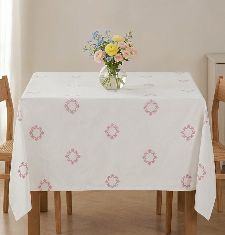 Vista general de un mantel rectangular blanco con medallones rosados bordados en punto de cruz, extendido sobre una mesa de comedor de madera clara con un florero al centro, mostrando su caída elegante y borde con encaje.