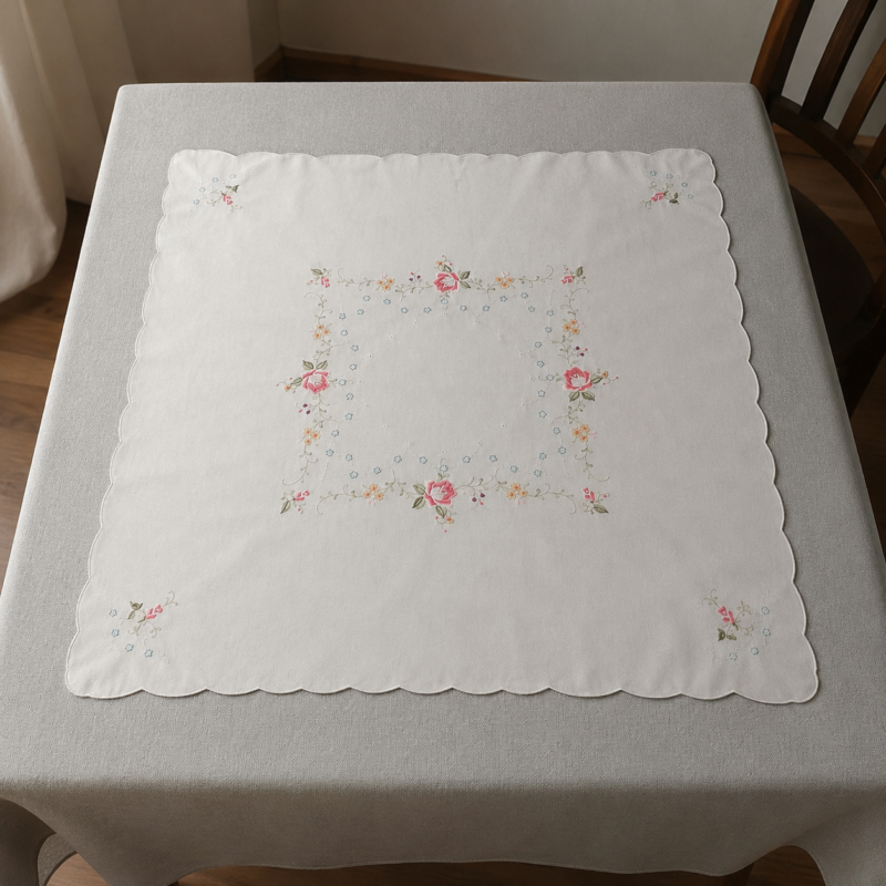 Vista detallada de una carpeta de mesa cuadrada blanca extendida, mostrando su profuso diseño de rosas fucsias bordadas a mano, guías florales multicolores y un campo central decorado con pequeñas flores celestes.
