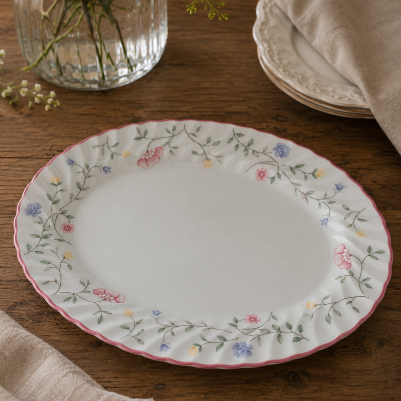 Vista frontal de una fuente ovalada festoneada de loza inglesa Johnson Brothers, patrón Summer Chintz, decorada con guirnaldas de flores silvestres rosa, lila y amarillo.