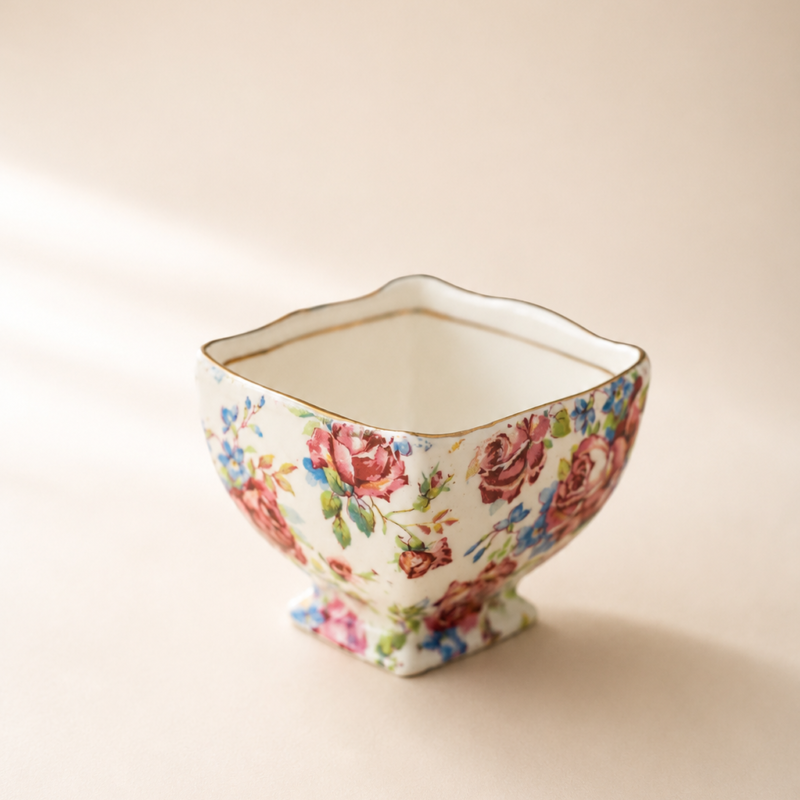 Vista de ángulo lateral en primer plano de un alhajero abierto de porcelana fina inglesa de la marca Royal Winton. Presenta un formato cuadrado abombado decorado con un denso patrón floral chintz de rosas rojas y flores pasteles sobre fondo crema, coronado por un borde ondulado con filete de oro pulido e impecable.