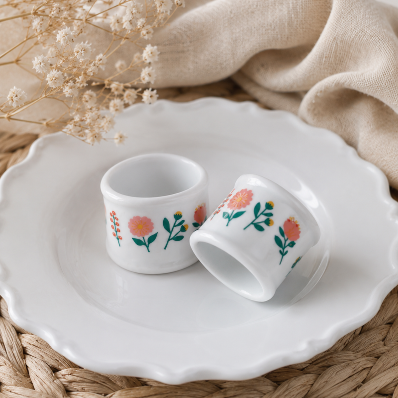 Set de dos anillos para servilleta de porcelana blanca decorados con flores rosadas y hojas verdes, ideales para mesas delicadas y ocasiones especiales.