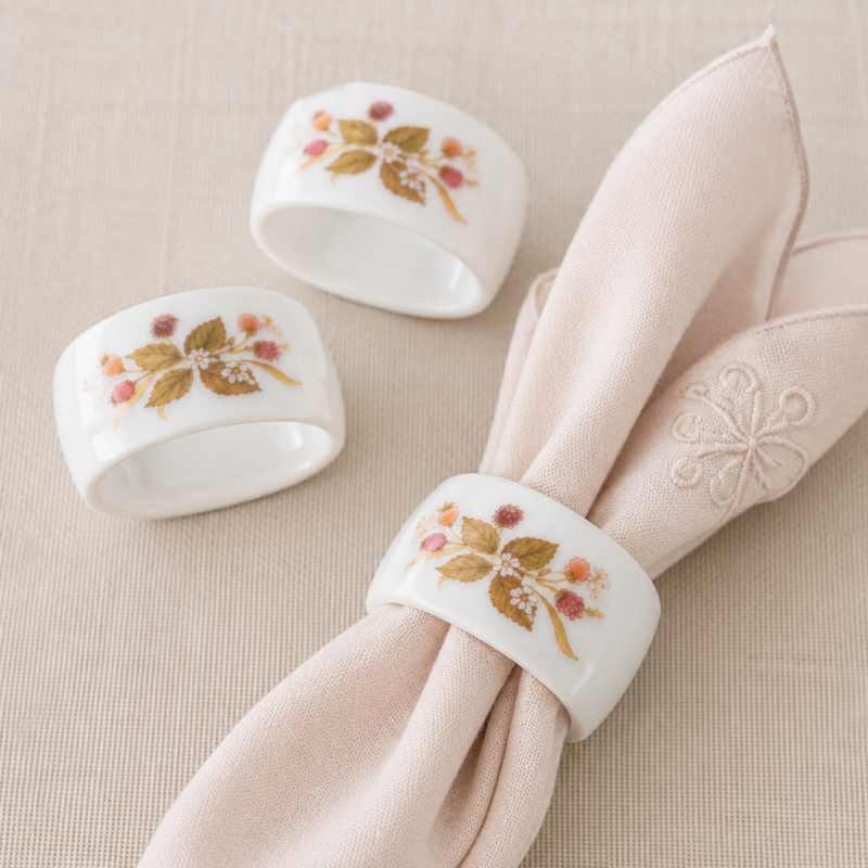Set de tres anillos para servilleta de porcelana blanca con decoración floral silvestre en tonos tierra y rosados, ideales para mesas elegantes y decoraciones de estilo clásico o campestre.