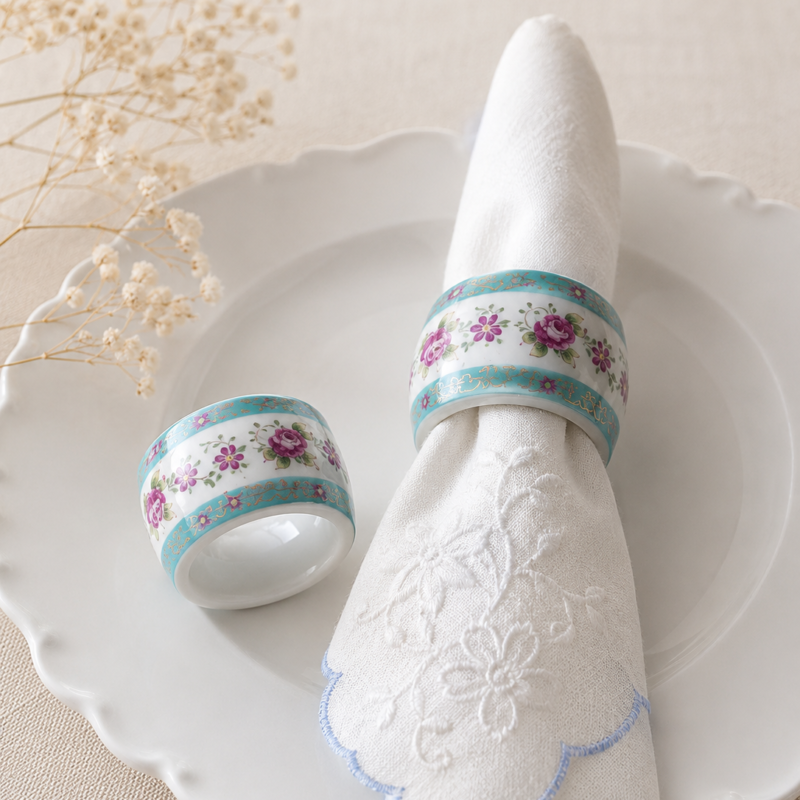 Set de seis anillos para servilleta de porcelana blanca decorados con flores en tonos celeste, rosa y lavanda, ideales para mesas románticas y ocasiones especiales.