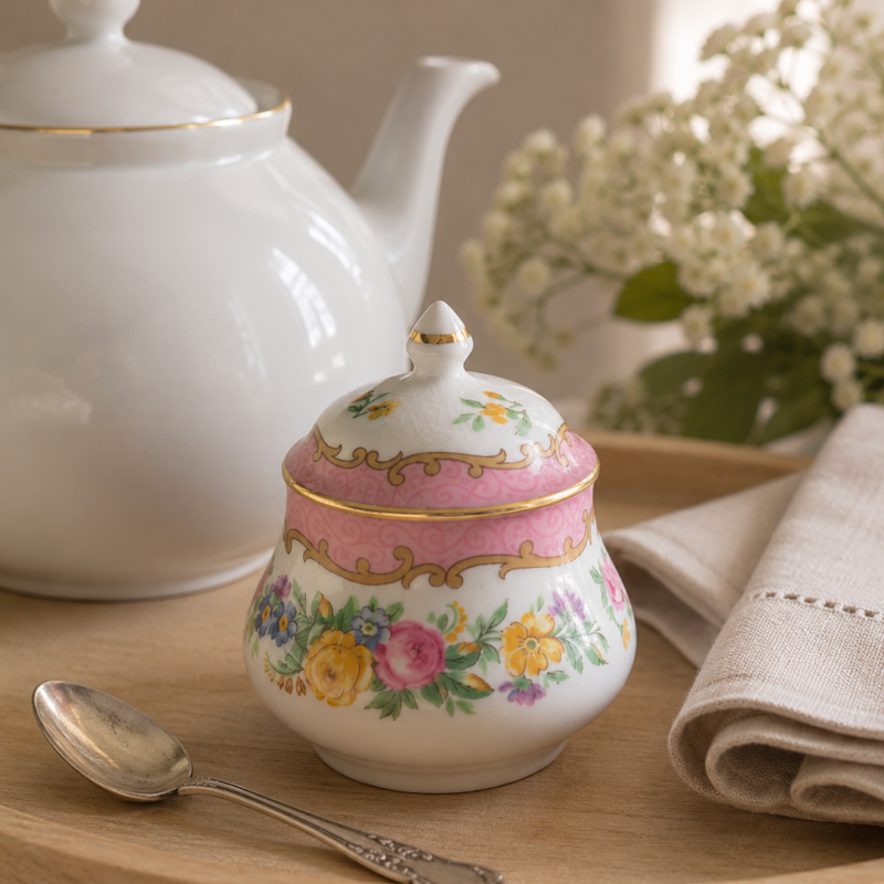 Azucarero de porcelana inglesa Crown Staffordshire Fine Bone China patrón Tunis, con tapa original, decoración floral policromada, detalles dorados y guarda rosada, presentado sobre fondo de lino color crudo.