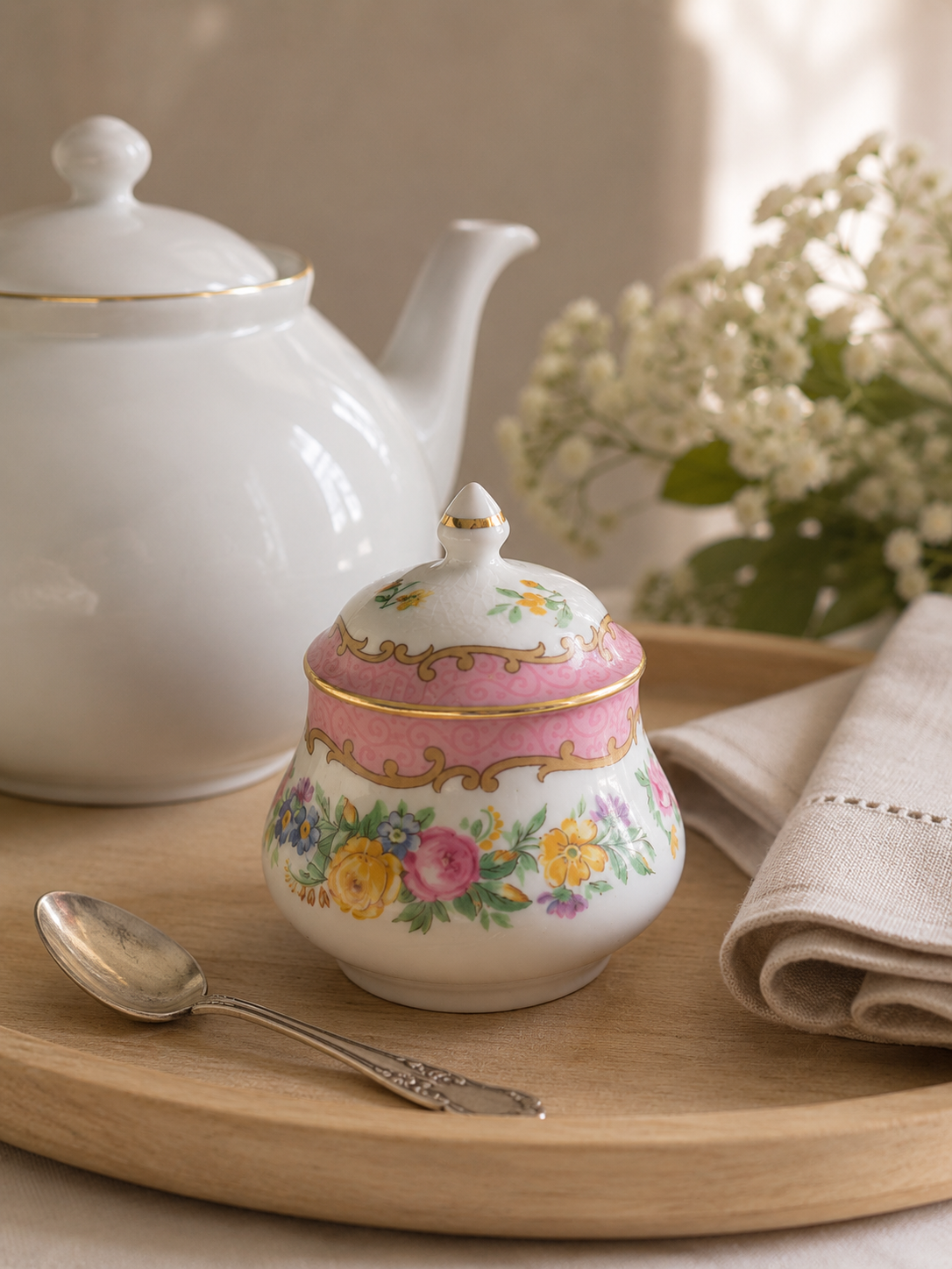 Azucarero de porcelana inglesa Crown Staffordshire Fine Bone China patrón Tunis, con tapa original, decoración floral policromada, detalles dorados y guarda rosada, presentado sobre fondo de lino color crudo.