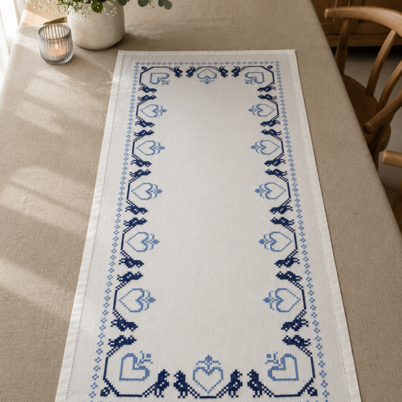 Vista frontal de un camino de mesa vintage blanco bordado a mano en punto cruz con motivos folclóricos o nórdicos tradicional en tonos azul.