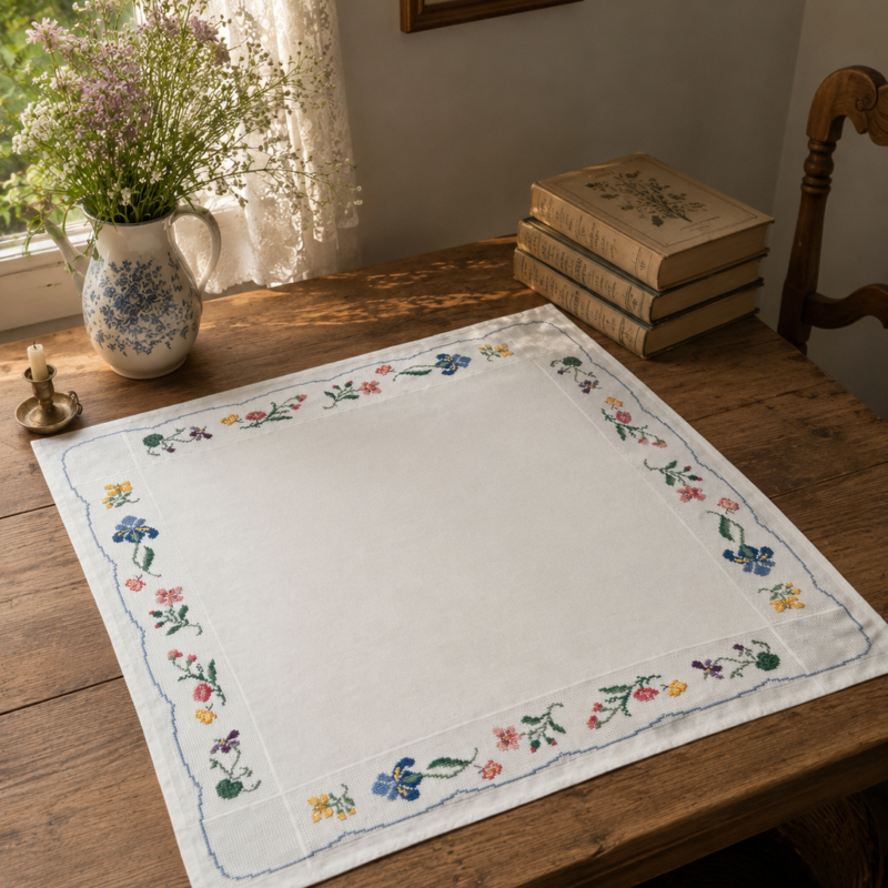 Vista cenital de una carpeta rectangular blanca de estilo europeo extendida, decorada con una ancha guarda perimetral tejida y bordada a mano en punto cruz con un patrón continuo de flores silvestres multicolores.