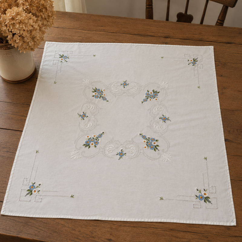 Vista cenital en perspectiva de una carpeta de mesa cuadrada blanca sobre una mesa de madera. Presenta una guirnalda central calada con bordado blanco y ramilletes de flores celestes, complementada con líneas deshiladas geométricas en las esquinas.