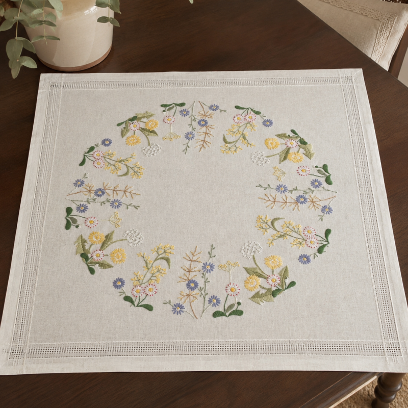 Vista cenital de una carpeta de mesa cuadrada color blanco lino extendida sobre una mesa de madera, mostrando una gran corona circular central bordada a mano con flores silvestres polícromas en tonos amarillos, celestes y rojos, enmarcada por líneas de vainicas caladas.