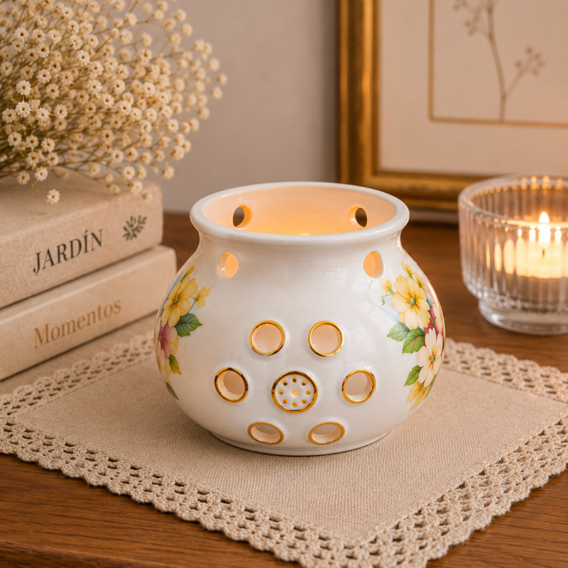 Vista frontal de un pequeño cuenco esférico de porcelana fina inglesa de color blanco sobre un paño beige. Presenta un ramo central de flores amarillas y hojas verdes, múltiples agujeros circulares calados en la parte superior con bordes dorados brillantes y un cuello superior liso.