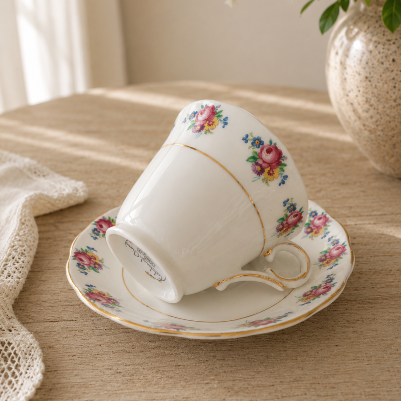 Vista de tres cuartos de una taza de té Colclough blanca recostada de lado sobre su plato a juego. Muestra guirnaldas de rosas fucsias y amarillas en el borde exterior, un asa contorneada dorada y el sello original negro en la base de la taza, sobre un paño beige.