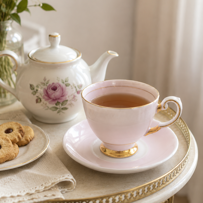 Vista frontal de tres cuartos de un dúo de té de porcelana fina inglesa de la marca Royal Tuscan sobre un paño beige. Muestra una taza y su plato de color rosa pastel liso con un filo dorado en el borde, una base de pedestal redonda cubierta en oro brillante y un asa curva con pátina de uso vintage.