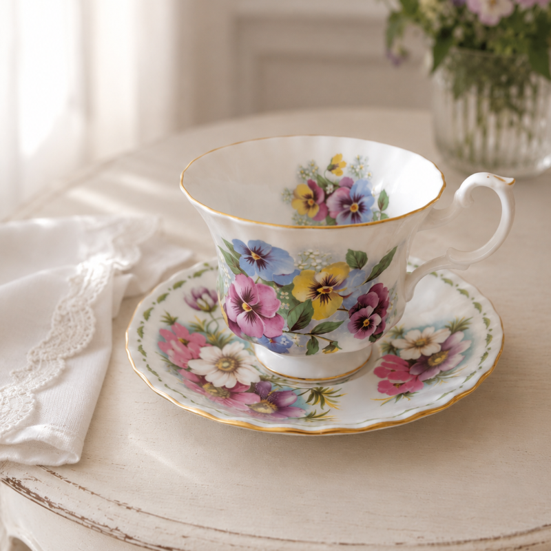 Taza y platillo Royal Albert Anne con ramos de rosas rosadas y pedestal bañado en oro.