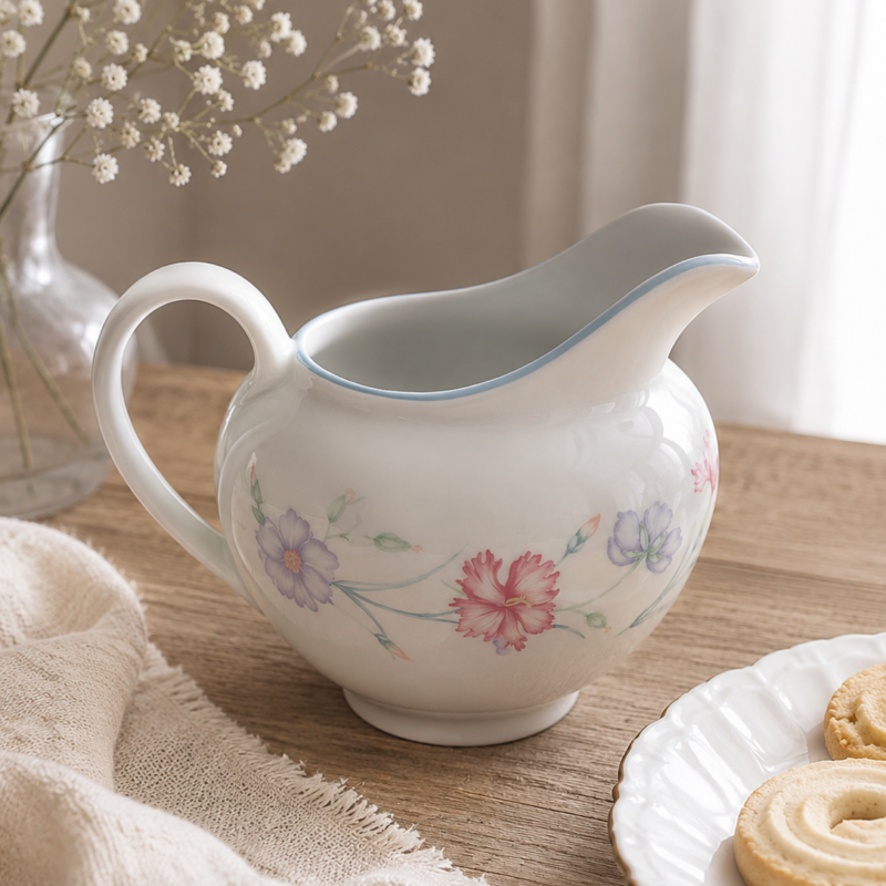 Jarra cremera de porcelana inglesa Boots Carnation con estampado de flores rosadas, borde celeste y base con relieve Made in England.