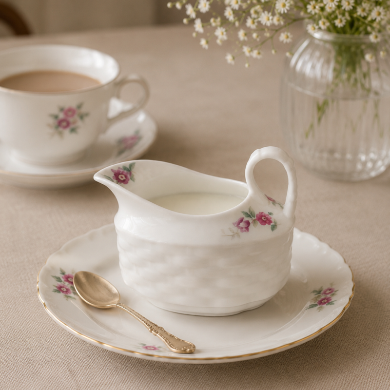 Vista lateral de una jarrita lechera de porcelana fina blanca de la marca Coalport modelo Leighton Rose. Presenta un diseño ondulado con un delicado relieve de entramado de canasta, un pequeño detalle pintado con capullos de rosas fucsias en el frente, un pico vertedor y un asa curva blanca, posada sobre un paño beige.