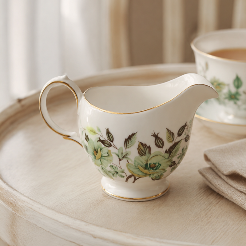 Vista lateral de una jarrita lechera de porcelana fina inglesa de la marca Colclough modelo Sedgley dispuesto sobre un paño beige. La pieza es blanca con un patrón de grandes flores verde menta y hojas café pintadas al frente, un pico vertedor pronunciado, un asa curva contorneada y finos filos dorados brillantes en sus bordes ondulados.