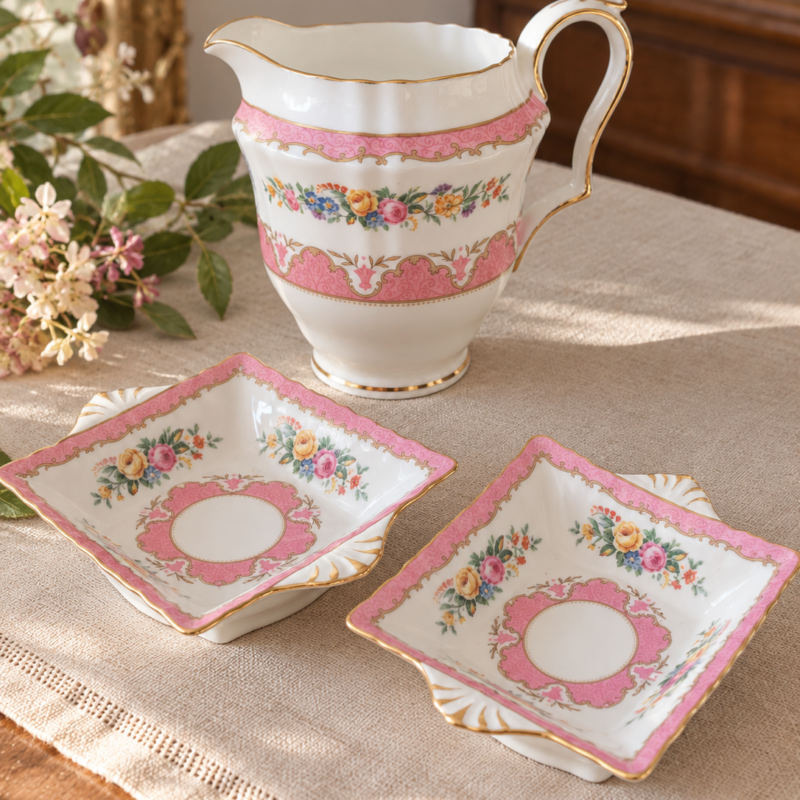 Set vintage Crown Staffordshire England’s Bouquet de Fine Bone China inglesa, compuesto por jarrita y dos pocillos cuadrados con decoración floral rosa y detalles dorados.