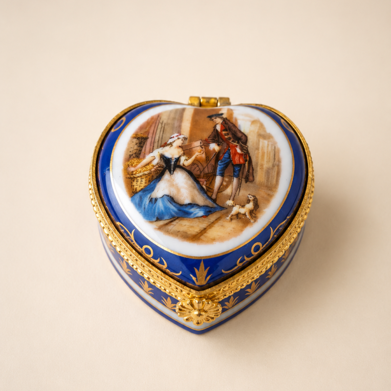 Vista de ángulo lateral en primer plano de un alhajero de porcelana fina con forma de corazón cerrado sobre un fondo textil beige. El cuerpo presenta un esmalte azul cobalto brillante con arabescos de oro y una montura de bronce cincelado con broche de flor; la tapa luce un medallón ilustrado con una romántica escena galante de una pareja de época y su perro.