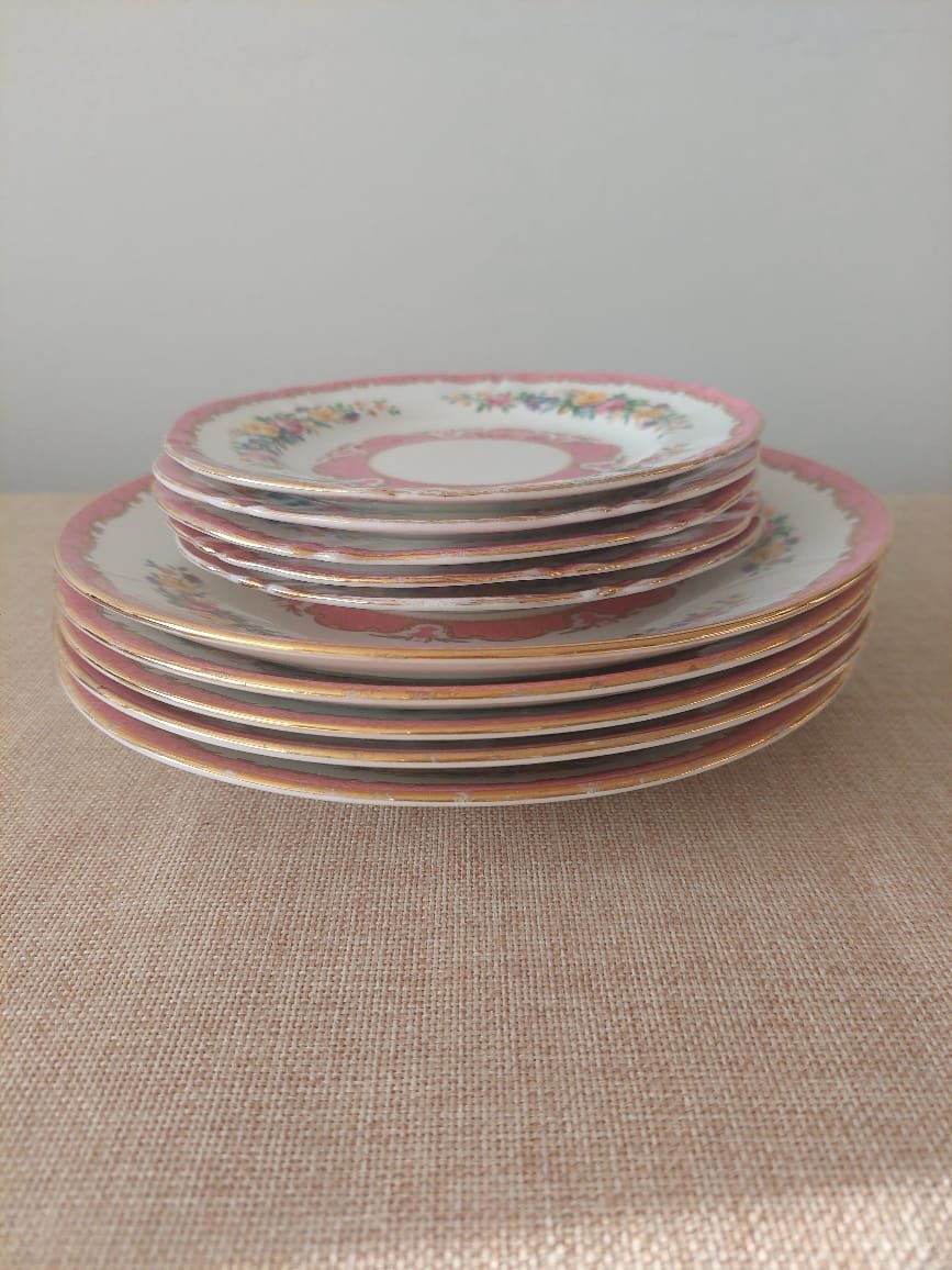 Set 10 Platos de Porcelana Inglesa Crown Staffordshire "Lyric Tunis Pink" - Imagen 3