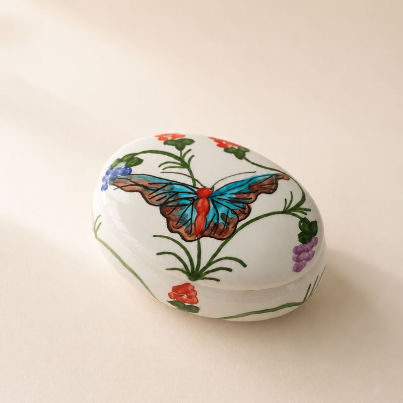 Vista cenital en perspectiva de un mini joyero ovalado cerrado de porcelana blanca dispuesto sobre un fondo textil beige. En la tapa destaca la ilustración de una gran mariposa en tonos azul turquesa y terracota rodeada de guías botánicas y flores moradas; el costado frontal muestra una pequeña rosa roja pintada.