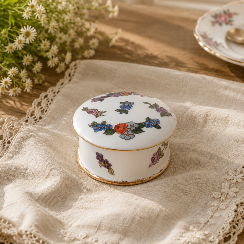 Vista en ángulo de un mini joyero redondo de porcelana blanca abierto sobre un fondo textil beige. A la izquierda se aprecia la base del joyero con flores en su fondo interior; a la derecha se encuentra la tapa decorada con variados ramilletes de flores silvestres azules, lilas y naranjas.