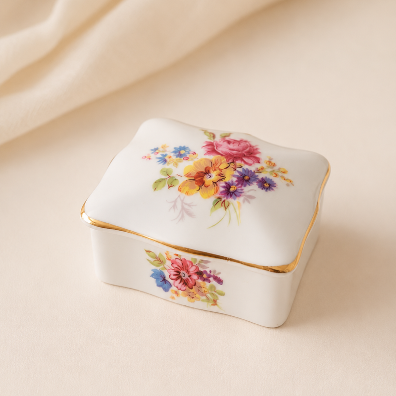 Vista de ángulo lateral de un mini joyero rectangular cerrado de porcelana fina blanca dispuesto sobre un textil beige. La tapa abombada muestra un gran ramillete botánico pintado con una rosa fucsia, flores amarillas y violetas, enmarcado por un fino borde de oro pulido; el costado frontal repite el motivo floral a menor escala.
