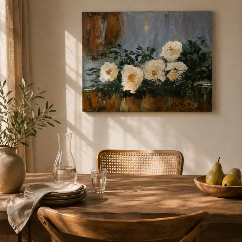 Óleo original de artista local que representa una composición floral de flores blancas sobre una superficie en tonos verdes, tierra y gris azulado, realizado con pinceladas expresivas y textura visible.