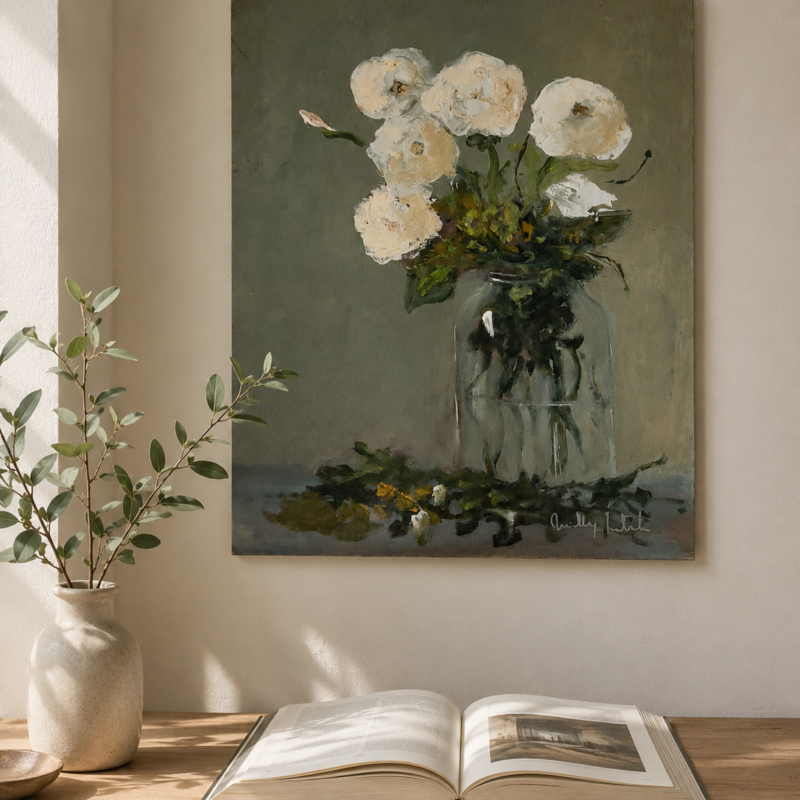 Óleo original de artista local que representa una composición floral de flores blancas sobre una superficie en tonos verdes, tierra y gris azulado, realizado con pinceladas expresivas y textura visible.