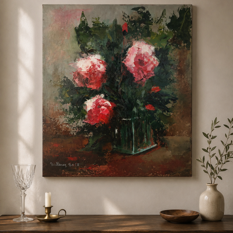 Óleo original de artista local que representa un arreglo de flores rosadas en un florero verde, realizado con pinceladas expresivas y una paleta rica en tonos rosados, verdes y terracota.