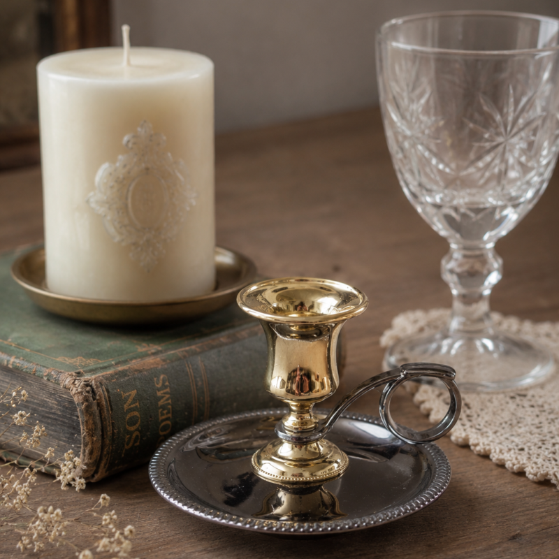 Palmatoria vintage metálica de pequeño formato con acabado grafito y dorado, ideal para decoración clásica y rincones elegantes.
