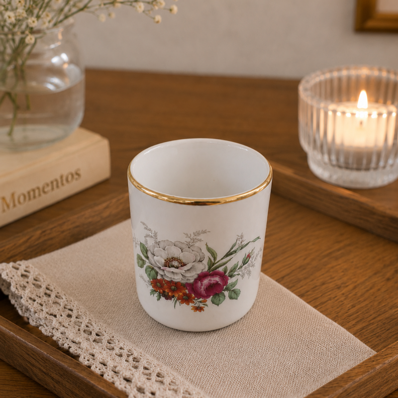 Vista frontal en ángulo de un mini pocillo cilíndrico de cerámica fina inglesa de la marca Braunton Studio Ceramics sobre un fondo beige. Pocillo blanco de 5 cm de alto muestra un delicado ramo de flores silvestres amarillas, rojas y moradas en el centro y un borde superior cubierto por un fino y brillante hilo dorado.