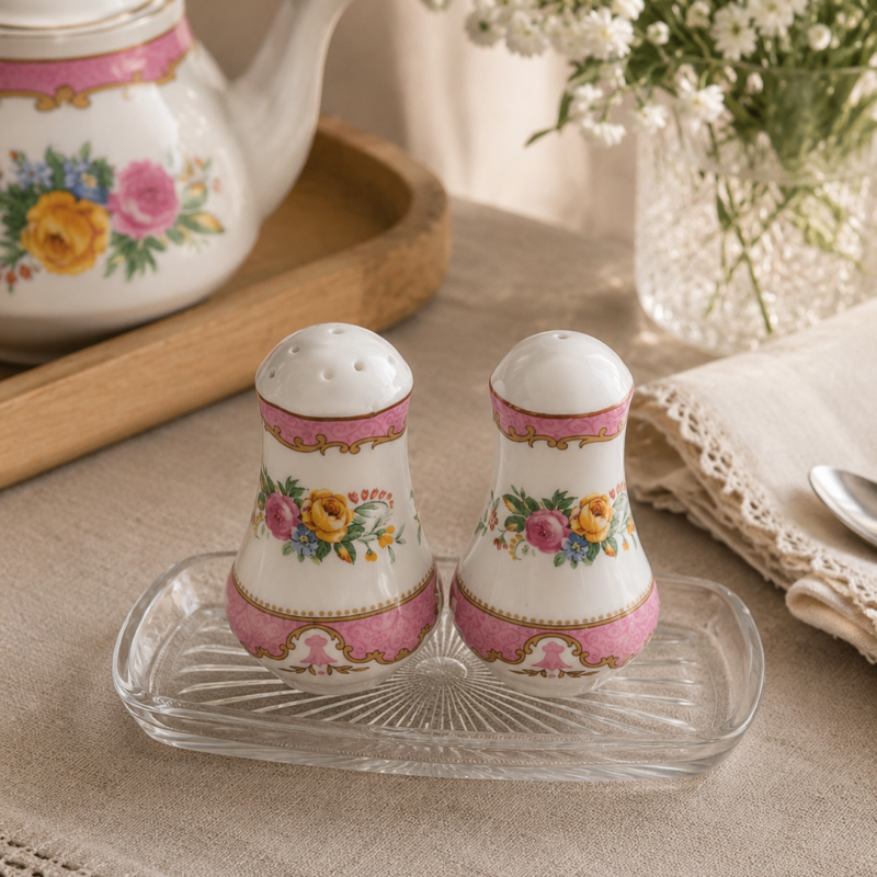 Set vintage compuesto por salero y pimentero de porcelana inglesa Crown Staffordshire Fine Bone China patrón Tunis decoración floral policromada, guardas rosadas y detalles dorados.