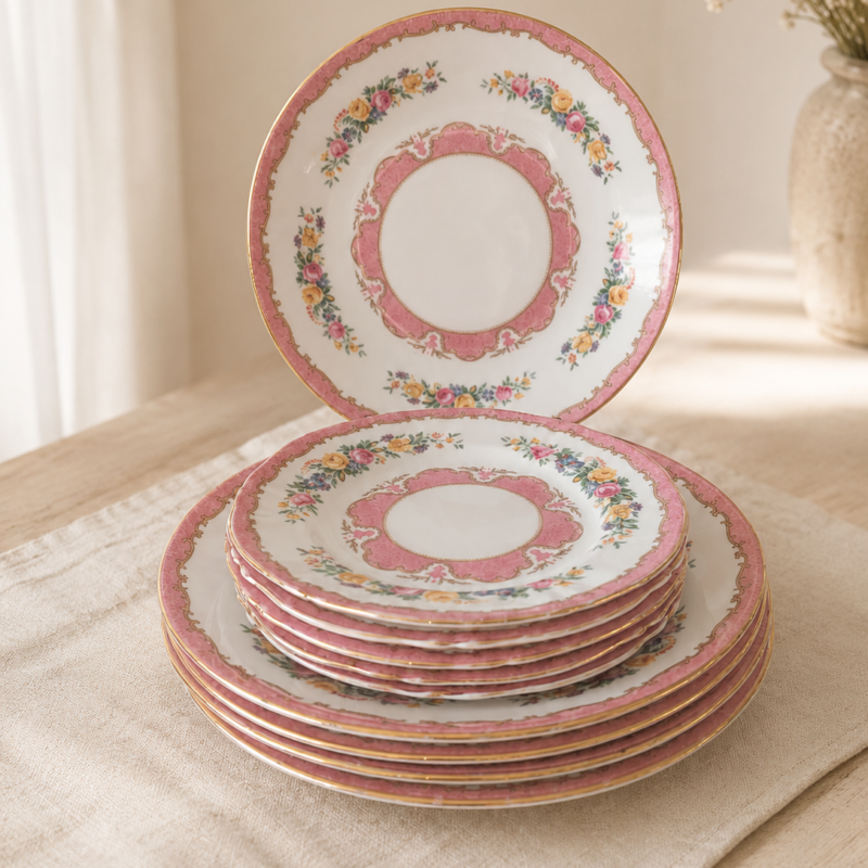 Vista frontal 10 platos entrada y postre, Tunis Pink Staffordshire.
