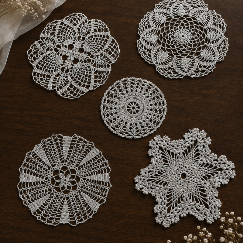 Vista cenital completa de cinco tapetes circulares de diferentes tamaños tejidos a crochet en hilo color blanco sobre una superficie de madera oscura. Se aprecian patrones calados variados, incluyendo diseños florales, concéntricos y uno en forma de estrella de seis puntas, sutilmente ambientados con flores secas (paniculata) en las esquinas.