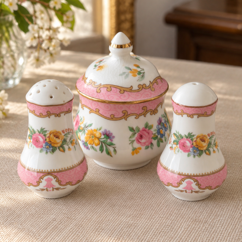 Set vintage Crown Staffordshire patrón Tunis de Fine Bone China inglesa, compuesto por azucarero con tapa, salero y pimentero con decoración floral rosa y detalles dorados.